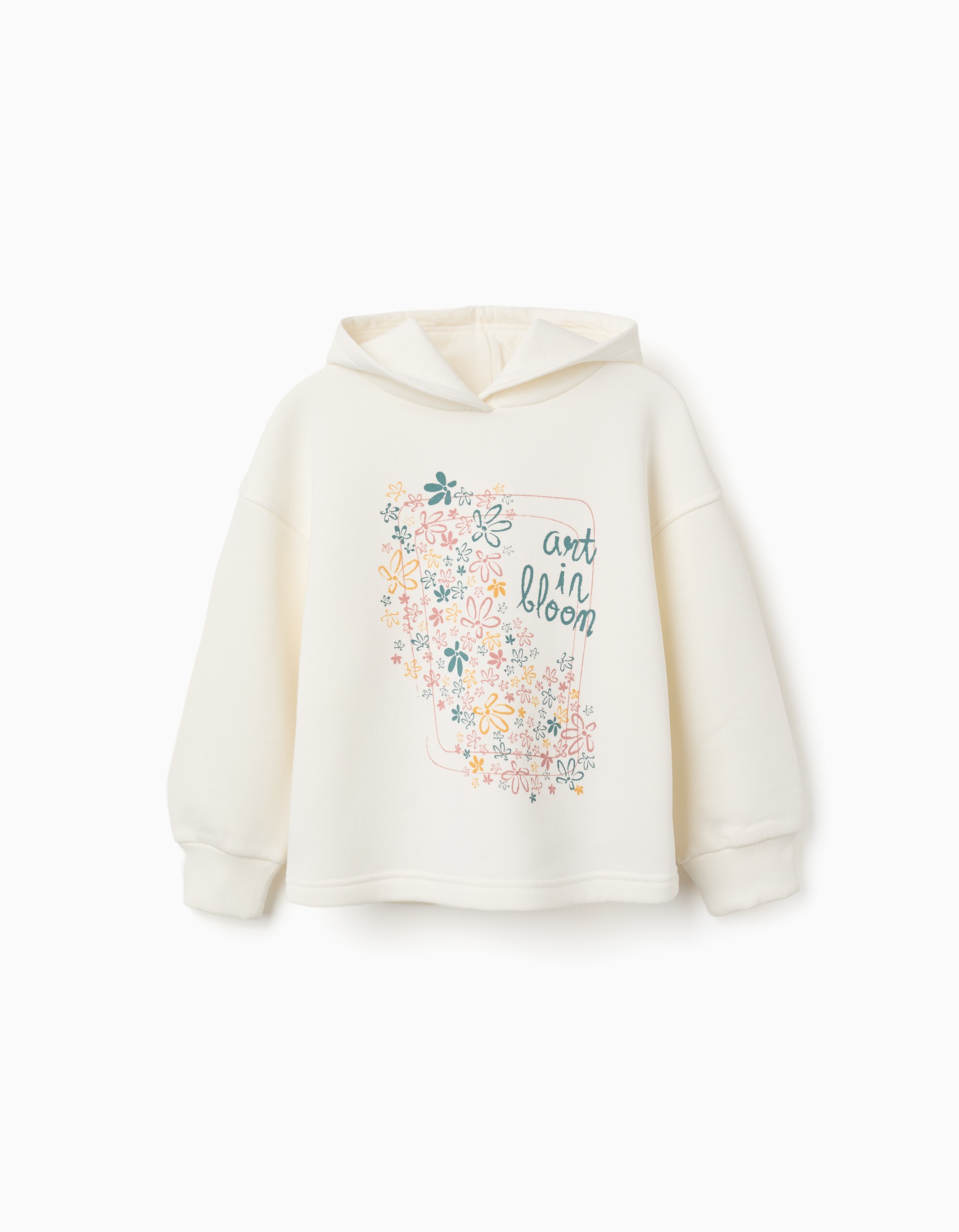 Sudadera nina blanca rota crema capucha estampado floral flores pastel art in bloom mangas largas puños elasticos bajo elastico