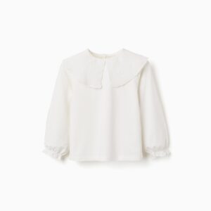 Camiseta niña manga larga blanca crema algodón elastano maxi cuello bordado inglés puños elasticos volantes boton espalda etiqueta estampada