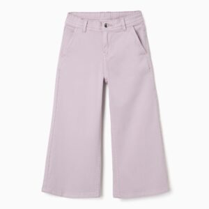 Pantalón largo niña lila malva pastel cintura elástica bolsillos delanteros corte ancho perneras rectas sarga algodón