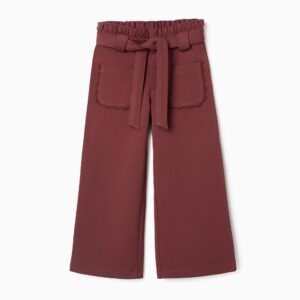 Pantalón niña marrón teja granate punto Roma suave pierna ancha cintura paperbag elástica ajustable cinturón volantes bolsillos delanteros ribete ondulado botón automático ocult