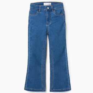 Vaqueros niña campana denim azul cintura elástica ajustable dos bolsillos delanteros dos bolsillos traseros