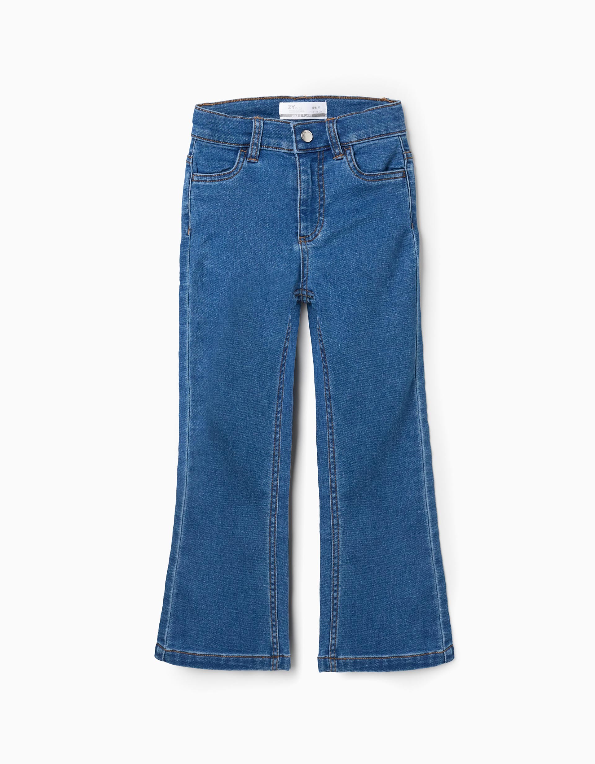 Vaqueros niña campana denim azul cintura elástica ajustable dos bolsillos delanteros dos bolsillos traseros