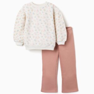 Conjunto niña sudadera manga larga blanco roto crema estampado floral flores pastel cuello redondo puños bajo elasticos pantalon rosa empolvado malva cintura elastica