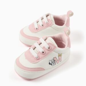 Patucos bebe Minnie Mouse zapatillas primeros pasos blanco rosa pastel suela blanda cordones decorativos M Minnie lacito amarillo tira trasera