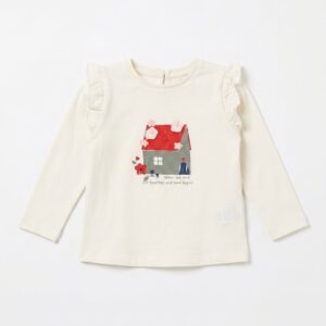 Camiseta bebé niña blanco roto crema manga larga estampado casita tejado rojo paredes verdes flores rojas azules mensaje When we are art together and love begins cuello redondo volante hombros botón madera espalda abertura lágrima