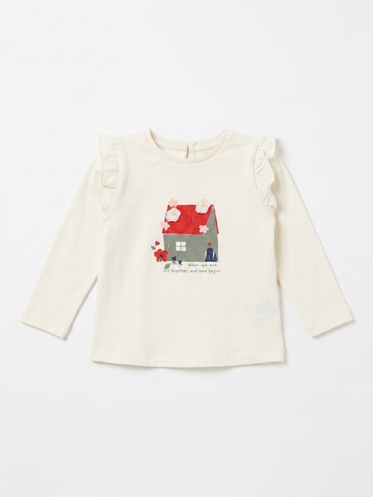 Camiseta bebé niña blanco roto crema manga larga estampado casita tejado rojo paredes verdes flores rojas azules mensaje When we are art together and love begins cuello redondo volante hombros botón madera espalda abertura lágrima