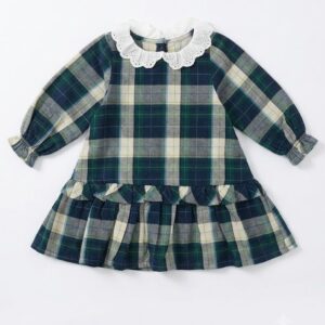 Vestido bebé niña Zippy cuadros escoceses verdes azules blanco roto cuello encaje blanco manga larga botones espalda volante fruncido