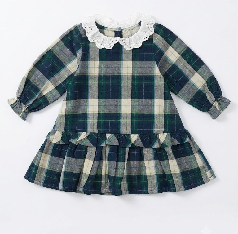 Vestido bebé niña Zippy cuadros escoceses verdes azules blanco roto cuello encaje blanco manga larga botones espalda volante fruncido