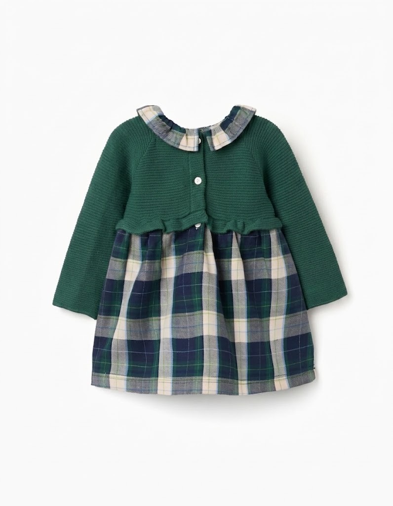Vestido bebé niña manga larga punto blanco roto crema cuello volante fruncido cuadros escoceses verde botella azul marino blanco roto amarillo beige falda fruncida corte cintura botones espalda detalle frontal botones