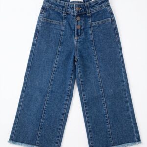 Vaqueros niña zippy Girl campana wide leg denim azul medio costuras verticales cremallera botones metálicos cintura ajustable gomas botones interiores bolsillos parche bajo deshilachado