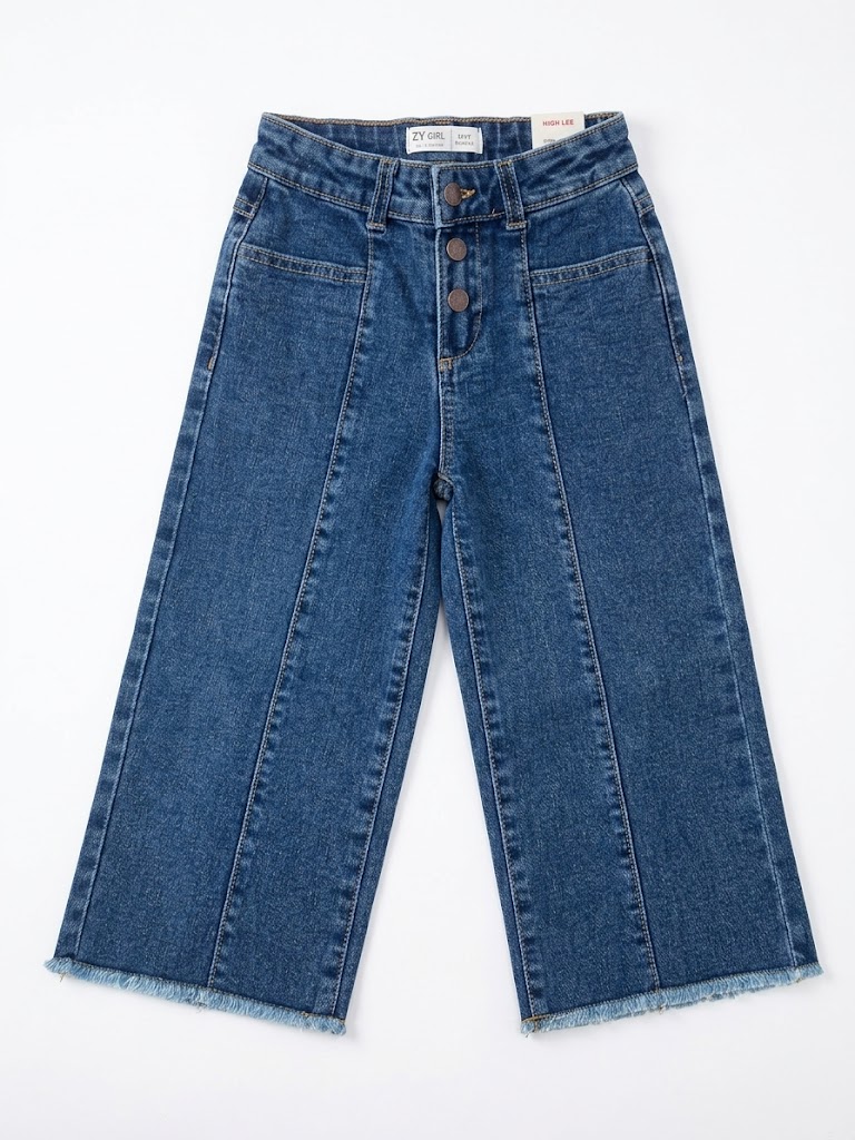 Vaqueros niña zippy Girl campana wide leg denim azul medio costuras verticales cremallera botones metálicos cintura ajustable gomas botones interiores bolsillos parche bajo deshilachado