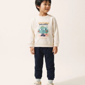 Conjunto chándal bebé niño sudadera blanco roto crudo estampado nube verde cara texto INVISIBLE DREAMERS MY NAME IS DREAMY automáticos hombro pantalón azul marino cintura elástica cordón ajustable bajos acanalados. zippy