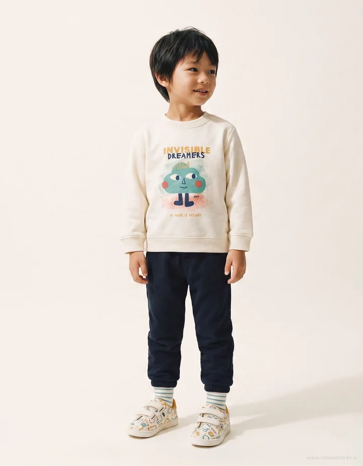 Conjunto chándal bebé niño sudadera blanco roto crudo estampado nube verde cara texto INVISIBLE DREAMERS MY NAME IS DREAMY automáticos hombro pantalón azul marino cintura elástica cordón ajustable bajos acanalados. zippy