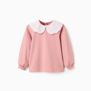 Blusa niña rosa empolvado manga larga cuello babero blanco bordado inglés perforado puños elásticos volante fruncido botón trasero marca zippy