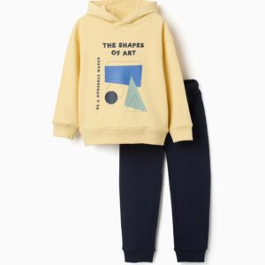 Conjunto chándal niño sudadera amarilla estampado arte capucha pantalón azul marino
