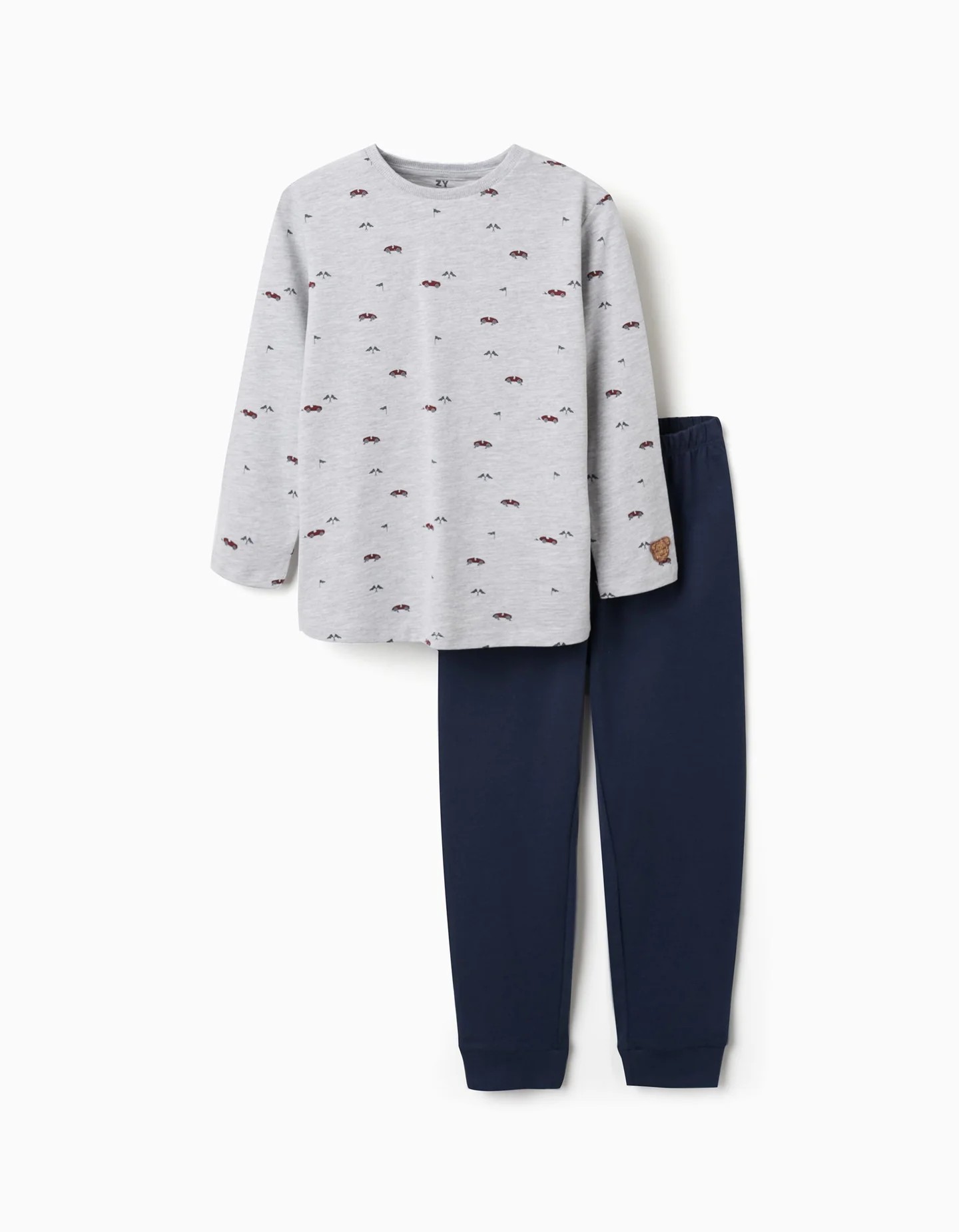 Pijama niño coches carreras Ziggy camiseta manga larga gris claro pantalón azul oscuro algodón cintura elástica dobladillos acanalados