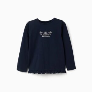 Camiseta niña Zippy manga larga azul marino cuello redondo estampado relieve blanco La beauté naît dans l'émotion detalles florales brillantes volante bajo algodón elastano