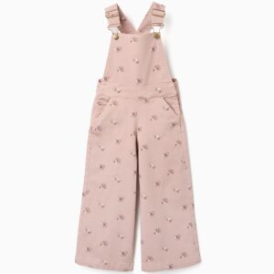 Peto niña rosa claro estampado floral pierna ancha sarga tirantes ajustables automático lateral bolsillos