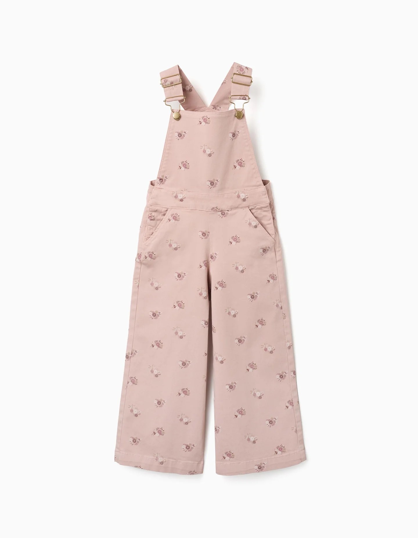 Peto niña rosa claro estampado floral pierna ancha sarga tirantes ajustables automático lateral bolsillos