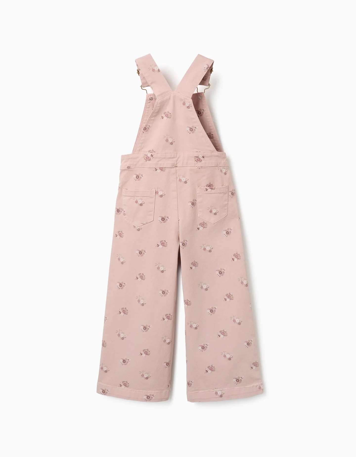 Peto niña rosa claro estampado floral pierna ancha sarga tirantes ajustables automático lateral bolsillos