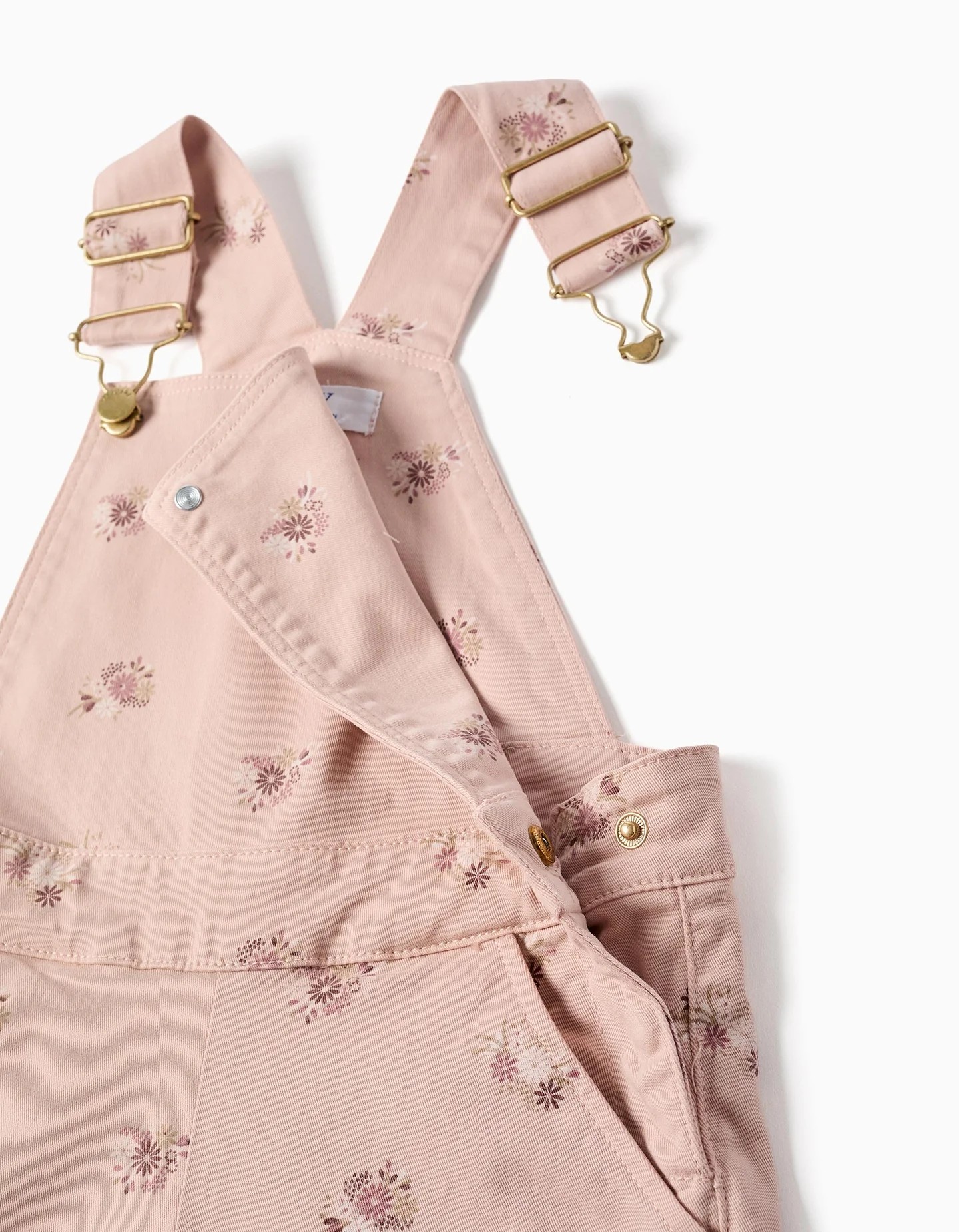 Peto niña rosa claro estampado floral pierna ancha sarga tirantes ajustables automático lateral bolsillos