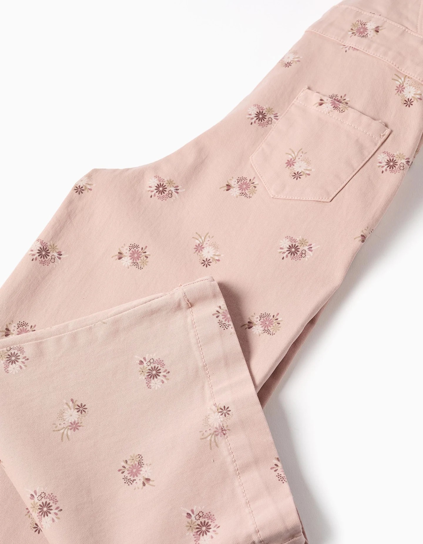 Peto niña rosa claro estampado floral pierna ancha sarga tirantes ajustables automático lateral bolsillos