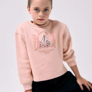 Conjunto chándal niña sudadera rosa claro estampado relieve ventana paisaje montañoso texto through my window i see art hombros caídos mangas abullonadas puños bajo acanalados pantalón azul marino pierna ancha cintura elástica