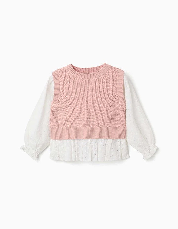 Conjunto niña chaleco punto rosa empolvado blusa blanca broderie mangas largas puños elásticos volante bajo volante fruncido