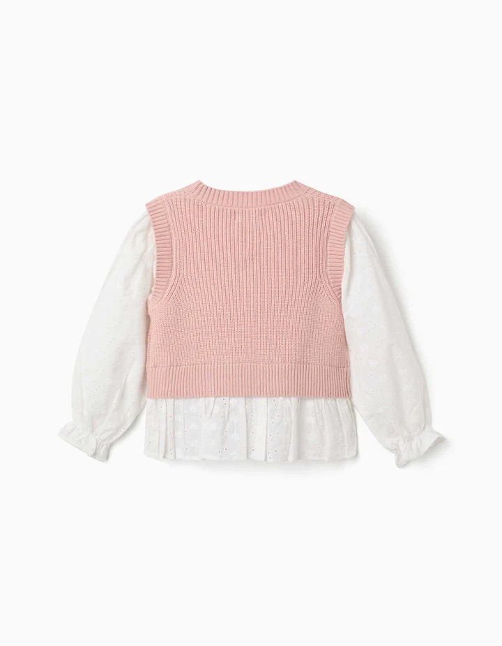 Conjunto niña chaleco punto rosa empolvado blusa blanca broderie mangas largas puños elásticos volante bajo volante fruncido