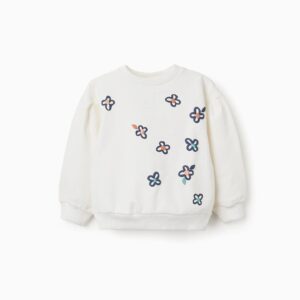 Sudadera niña Zippy blanca estampado floral relieve azul oscuro claro naranja forro perchado hombros caídos mangas abullonadas