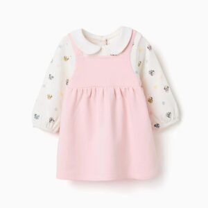 Vestido bebé niña recién nacida manga larga Minnie Mouse rosa claro blanco estilo 2 en 1 mezcla algodón elastano forro perchado cuello Peter Pan efecto fruncido cintura automáticos espalda puños elásticos, zippy