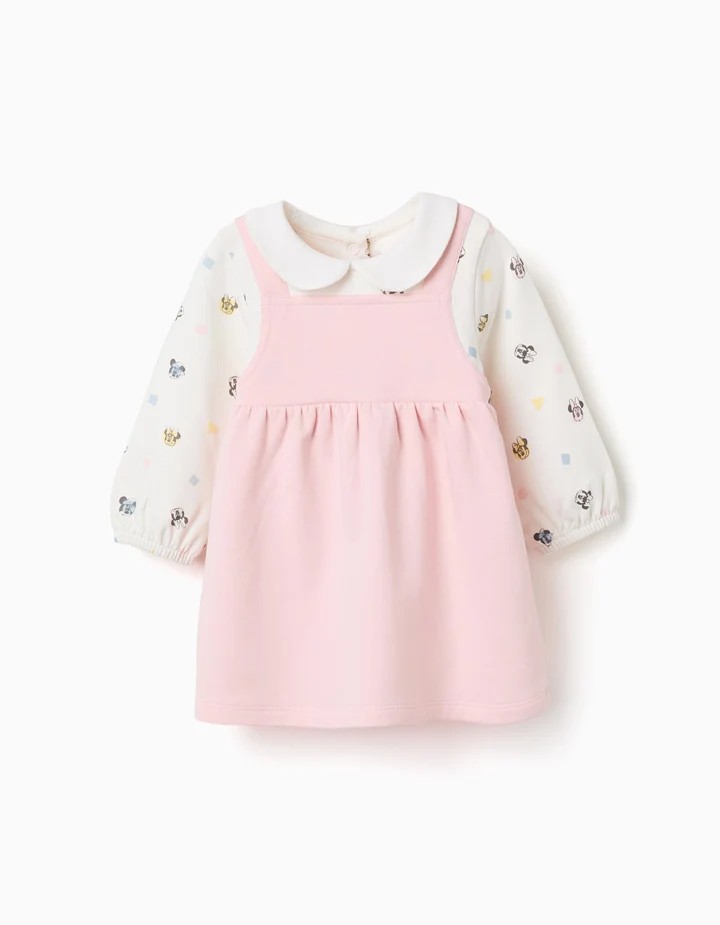Vestido bebé niña recién nacida manga larga Minnie Mouse rosa claro blanco estilo 2 en 1 mezcla algodón elastano forro perchado cuello Peter Pan efecto fruncido cintura automáticos espalda puños elásticos, zippy