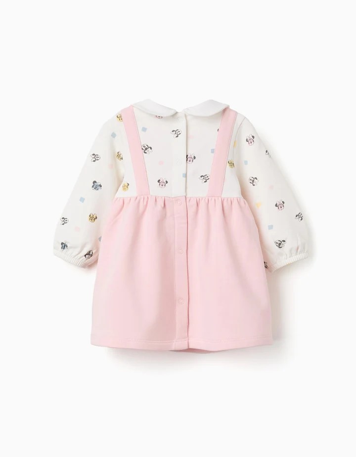 Vestido bebé niña recién nacida manga larga Minnie Mouse rosa claro blanco estilo 2 en 1 mezcla algodón elastano forro perchado cuello Peter Pan efecto fruncido cintura automáticos espalda puños elásticos, zippy