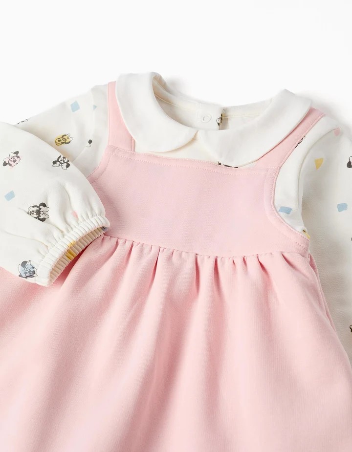 Vestido bebé niña recién nacida manga larga Minnie Mouse rosa claro blanco estilo 2 en 1 mezcla algodón elastano forro perchado cuello Peter Pan efecto fruncido cintura automáticos espalda puños elásticos, zippy