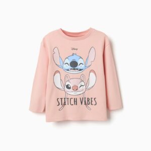 Camiseta niña manga larga rosa claro 100% algodón estampado Stitch Angel STITCH VIBES hombros caídos cuello acanalado etiqueta interior estampada