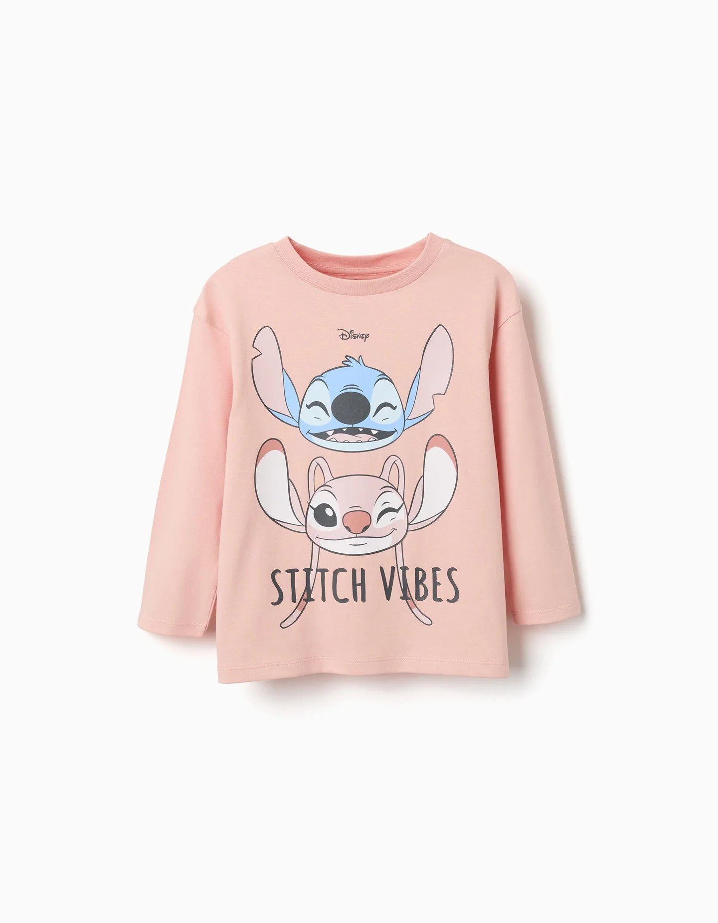 Camiseta niña manga larga rosa claro 100% algodón estampado Stitch Angel STITCH VIBES hombros caídos cuello acanalado etiqueta interior estampada