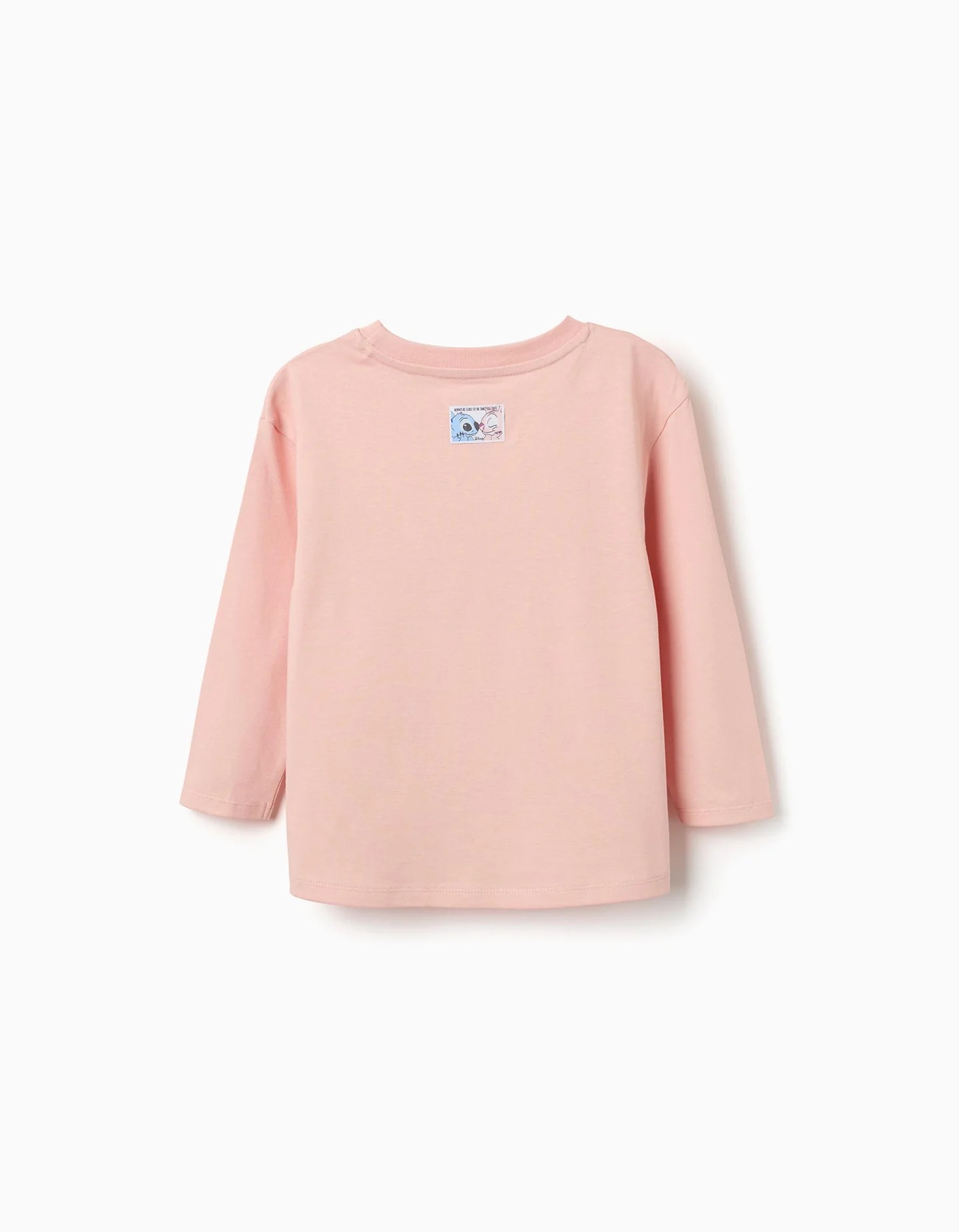Camiseta niña manga larga rosa claro 100% algodón estampado Stitch Angel STITCH VIBES hombros caídos cuello acanalado etiqueta interior estampada
