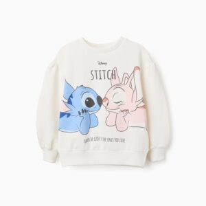 Sudadera niña blanca roto crudo 100% algodón forro perchado estampados Stitch Angel Disney texto ALWAYS BE CLOSE TO THE ONES YOU LOVE hombros caídos mangas abullonadas extremos acanalados zippy