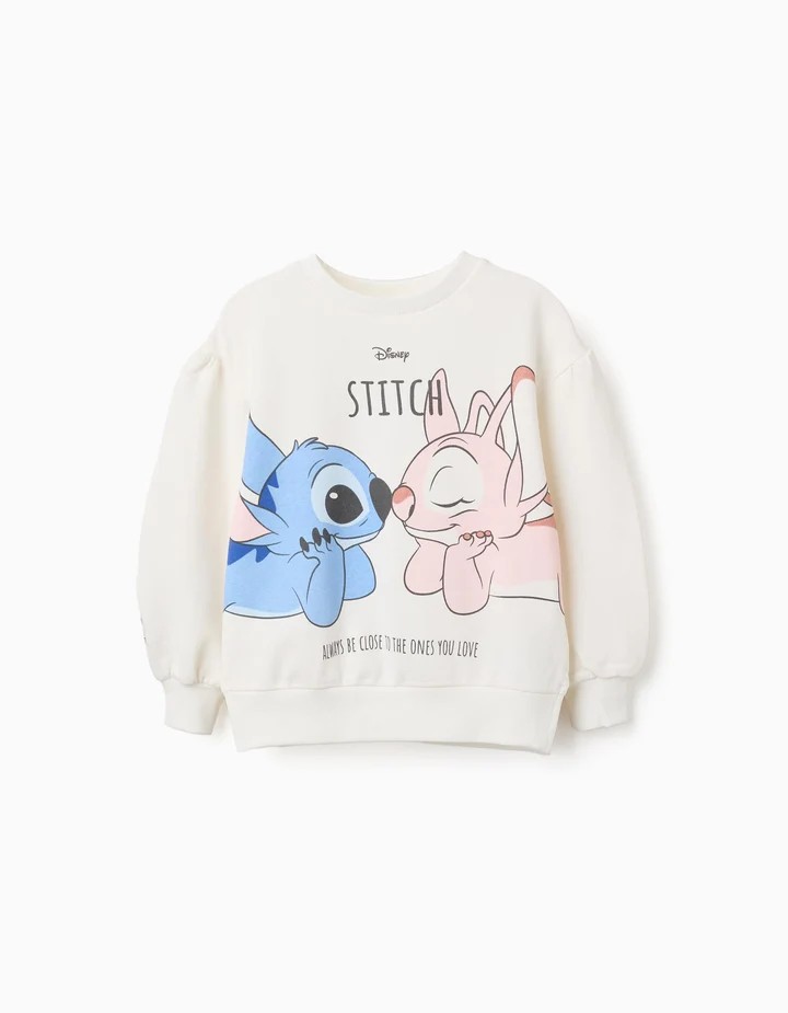 Sudadera niña blanca roto crudo 100% algodón forro perchado estampados Stitch Angel Disney texto ALWAYS BE CLOSE TO THE ONES YOU LOVE hombros caídos mangas abullonadas extremos acanalados zippy