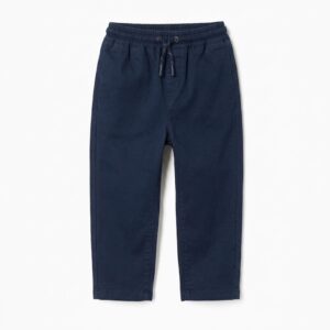 Pantalón niño sarga algodón azul marino cintura elástica cordón decorativo contraste blanco azul corte recto bajos doblados sin doblar