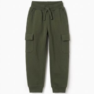 Pantalón chándal bebé niño cargo verde oscuro cintura elástica cordón ajustable bolsillos laterales bolsillos cargo bordado ART MAKING MANIFESTO puños elásticos