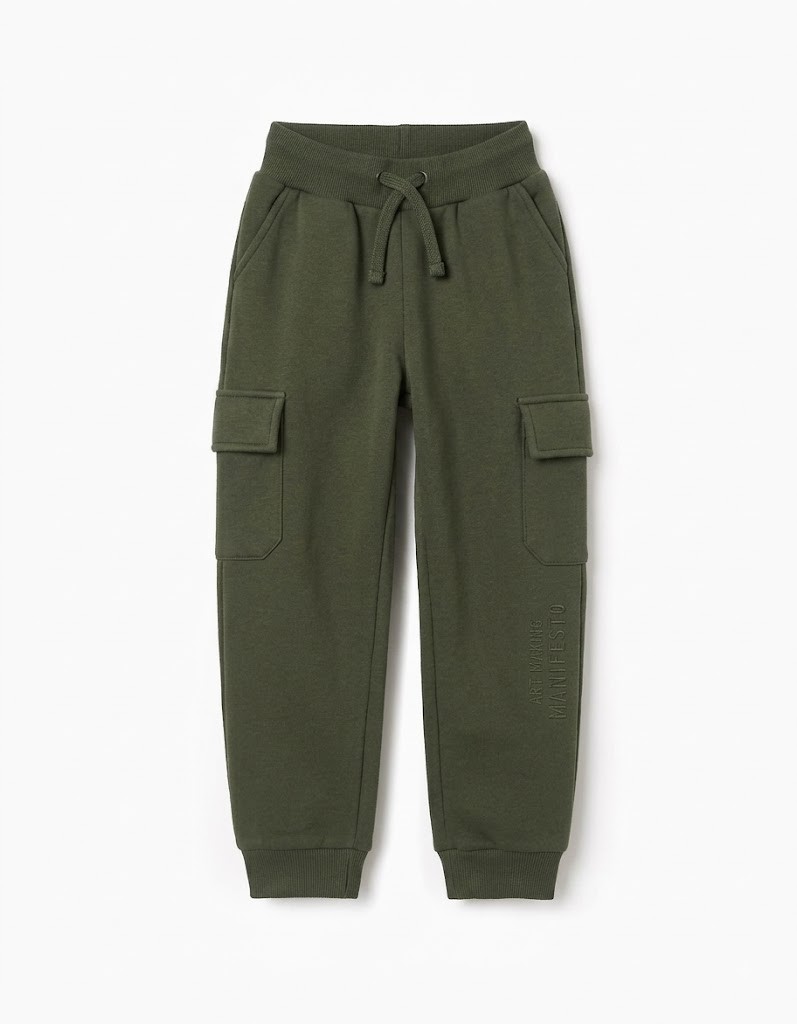 Pantalón chándal bebé niño cargo verde oscuro cintura elástica cordón ajustable bolsillos laterales bolsillos cargo bordado ART MAKING MANIFESTO puños elásticos
