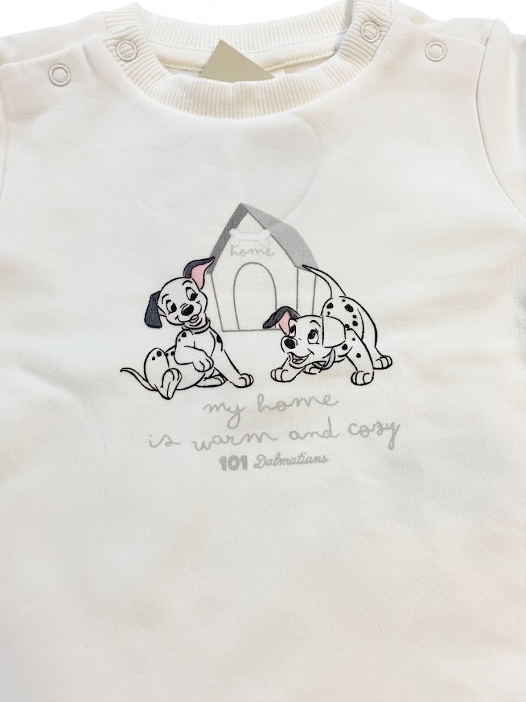 Chandal bebé sudadera camiseta manga larga blanco roto crema estampado dálmatas 101 Disney casita perro mensaje my home is warm and cozy cuello redondo botones presión hombros puños acanalados pantalón chándal felpa azul marino cintura elástica puños acanalados tobillos