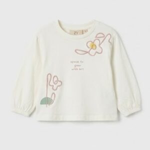 Camiseta niña blanco roto flores arte "space to grow with art" manga larga cuello redondo mangas abullonadas puños elásticos ZY