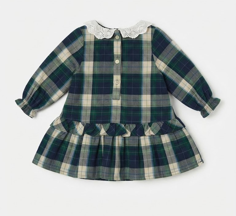 Vestido bebé niña Zippy cuadros escoceses verdes azules blanco roto cuello encaje blanco manga larga botones espalda volante fruncido