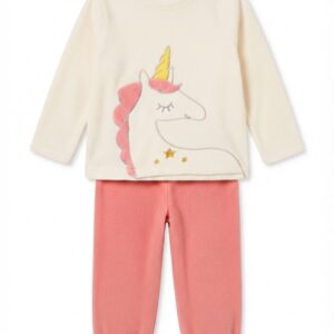 pijama niña unicornio polar blanco roto crema rosa coral salmón camiseta sudadera manga larga pantalón largo cintura elástica puños elásticos