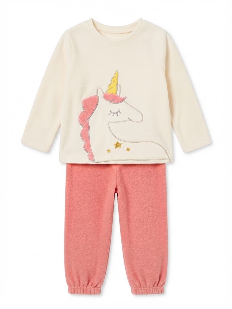 pijama niña unicornio polar blanco roto crema rosa coral salmón camiseta sudadera manga larga pantalón largo cintura elástica puños elásticos