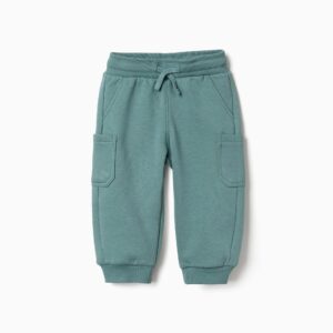 Pantalón chándal bebé niño azul verdoso mezcla algodón forro perchado cintura elástica ajustable cordón bolsillos cargo bajos acanalados