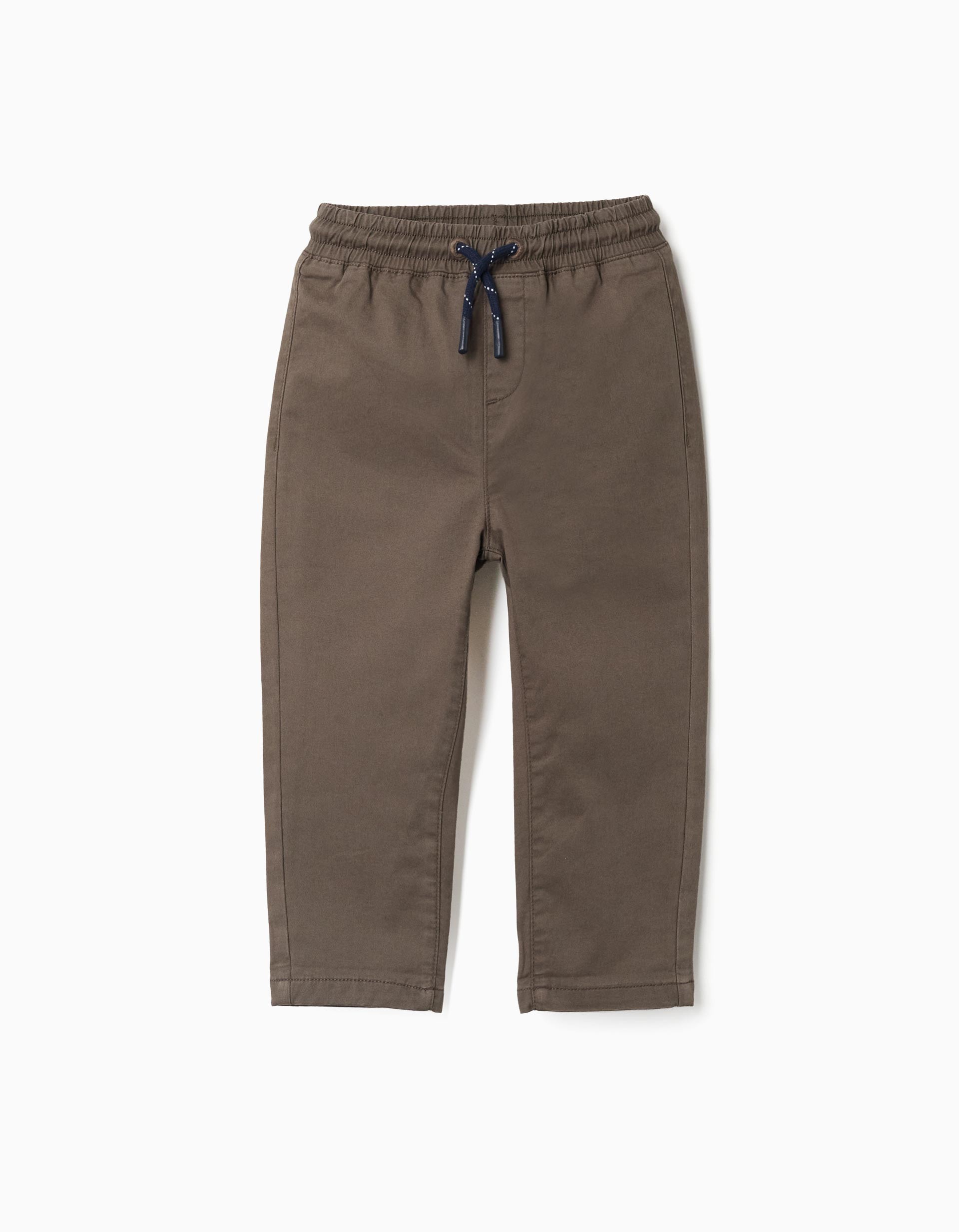 Pantalón bebe niño sarga algodón verde militar cintura elástica cordón decorativo contraste blanco azul corte recto bajos doblados sin doblar sistema Big Me