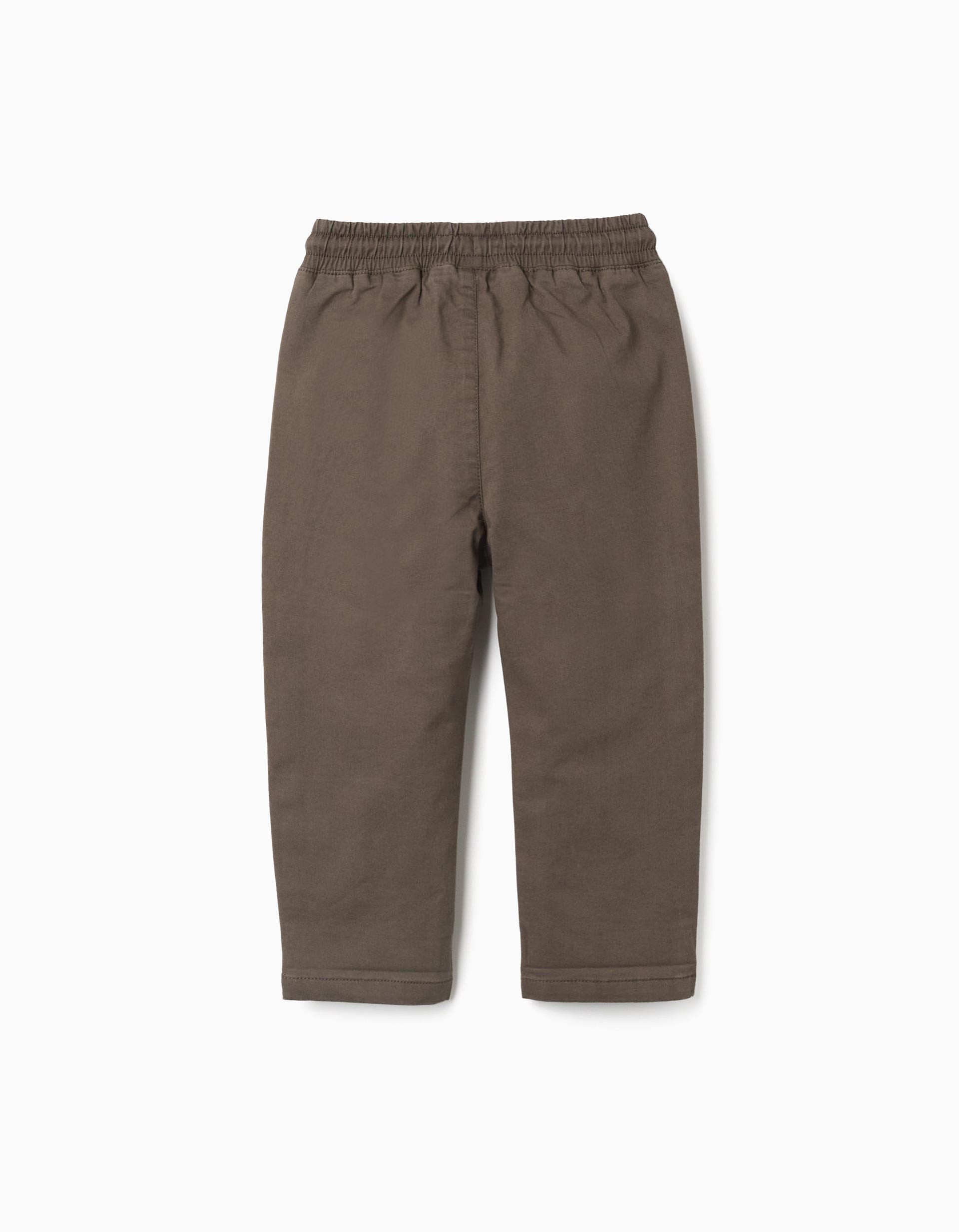 Pantalón bebe niño sarga algodón verde militar cintura elástica cordón decorativo contraste blanco azul corte recto bajos doblados sin doblar sistema Big Me